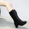 Winter Women Boots Shoes Fashion Vintage Lace-up Boots Women Round Cowboy High Heels Booties Shoes Woman Botas Mujer