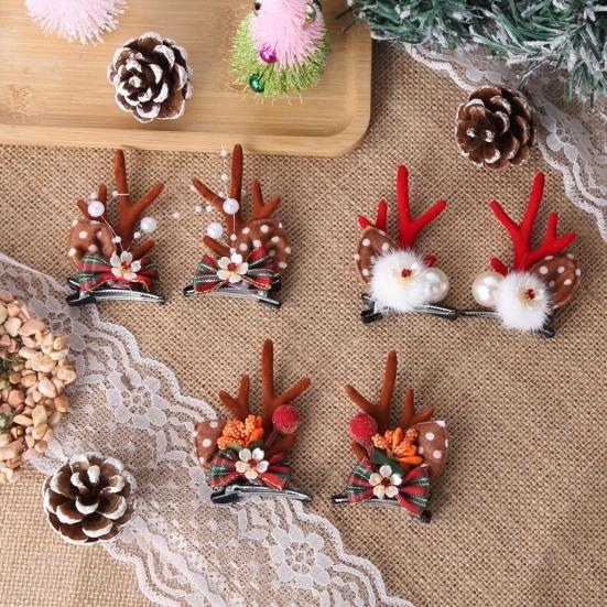 1 Pair Christmas Hairpins Holiday Antlers Design Faux Pearls Plush Ball Decor Hair Clips Christmas Party Photography Props