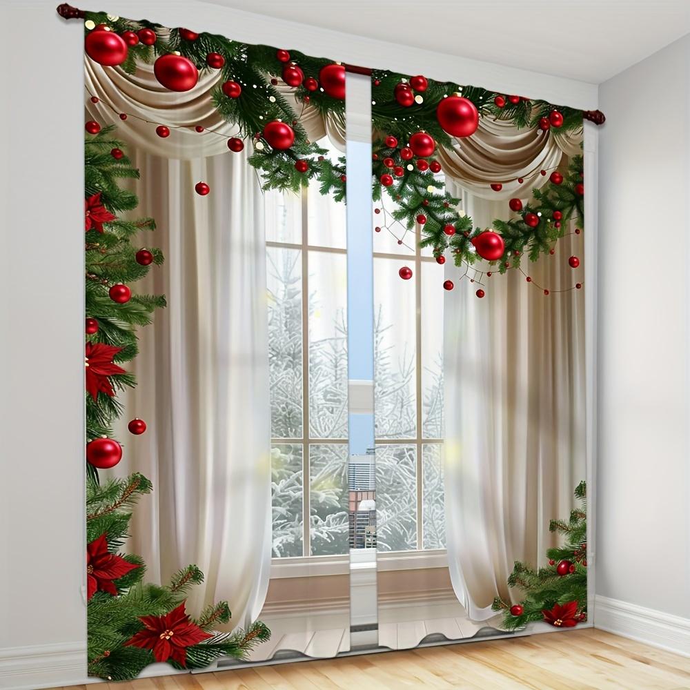 2-Pc Polyester Christmas Curtains with 3D Floral & Ball Digital Print - Rod Pocket Window Drapes for Living Room & Bedroom