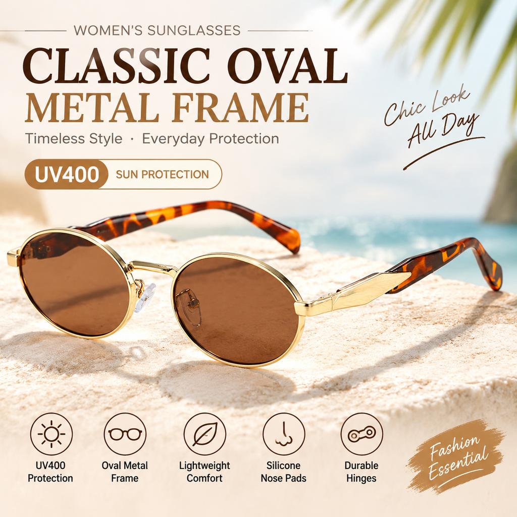 Women's Oval Metal Frame Sunglasses UV400 Full-Rim Street Style