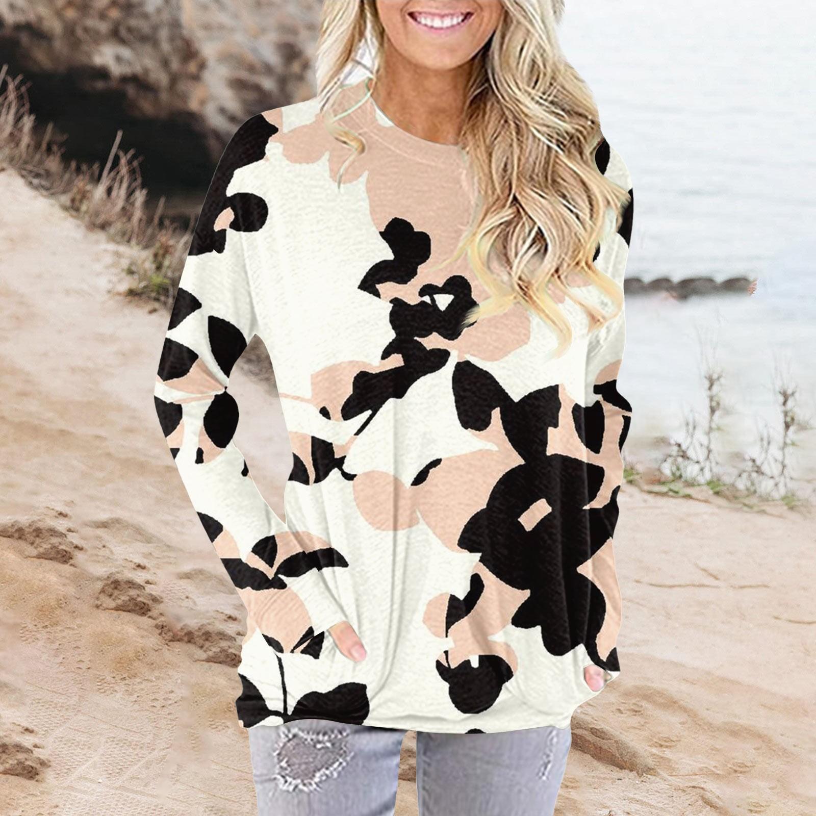 

Женская модная повседневная футболка с карманом и длинным рукавом с круглым вырезом и принтом, топ XL белый