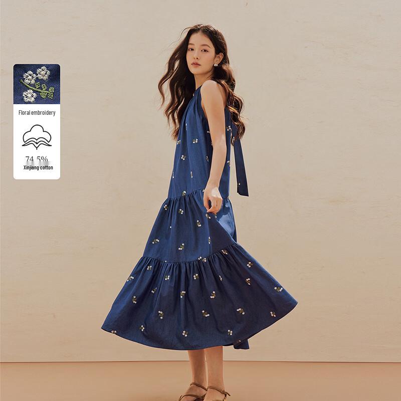 INMAN Французское платье без рукавов с цветочной вышивкой и вырезом-халтер S