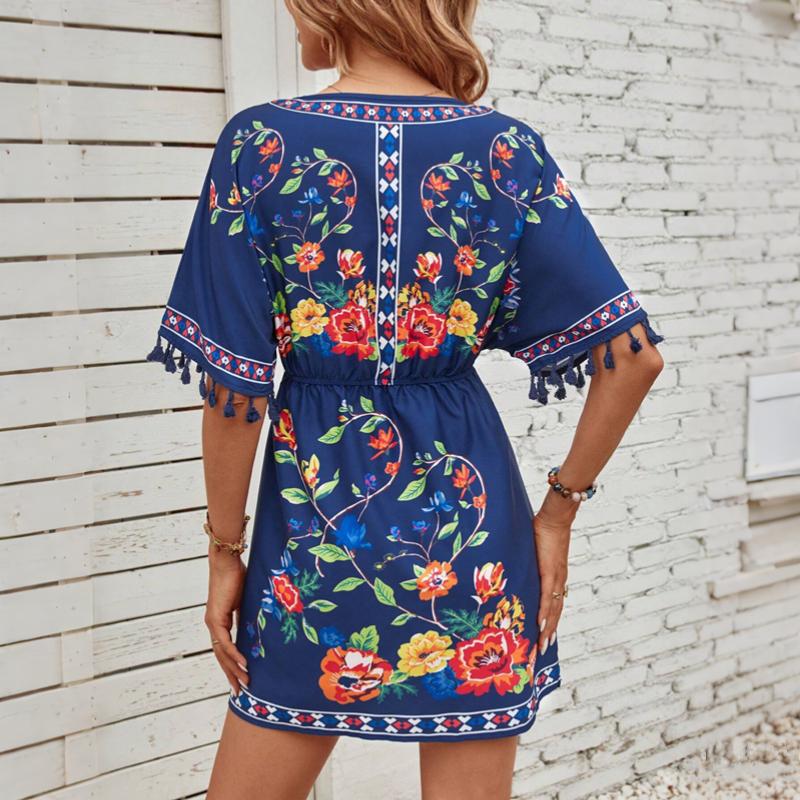 Sommer Neue Mode Vestidos Damen Lässig Sexy Große Größen Vintage Strand Kurzarm Druck Mini Kleid S-2XL