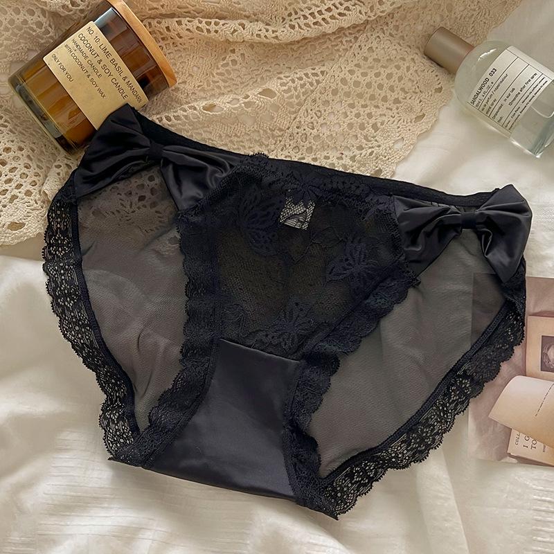 French Lace Trim Mid-Waist Women's Panties - Comfortable Bow Design, Translucent Triangle Style