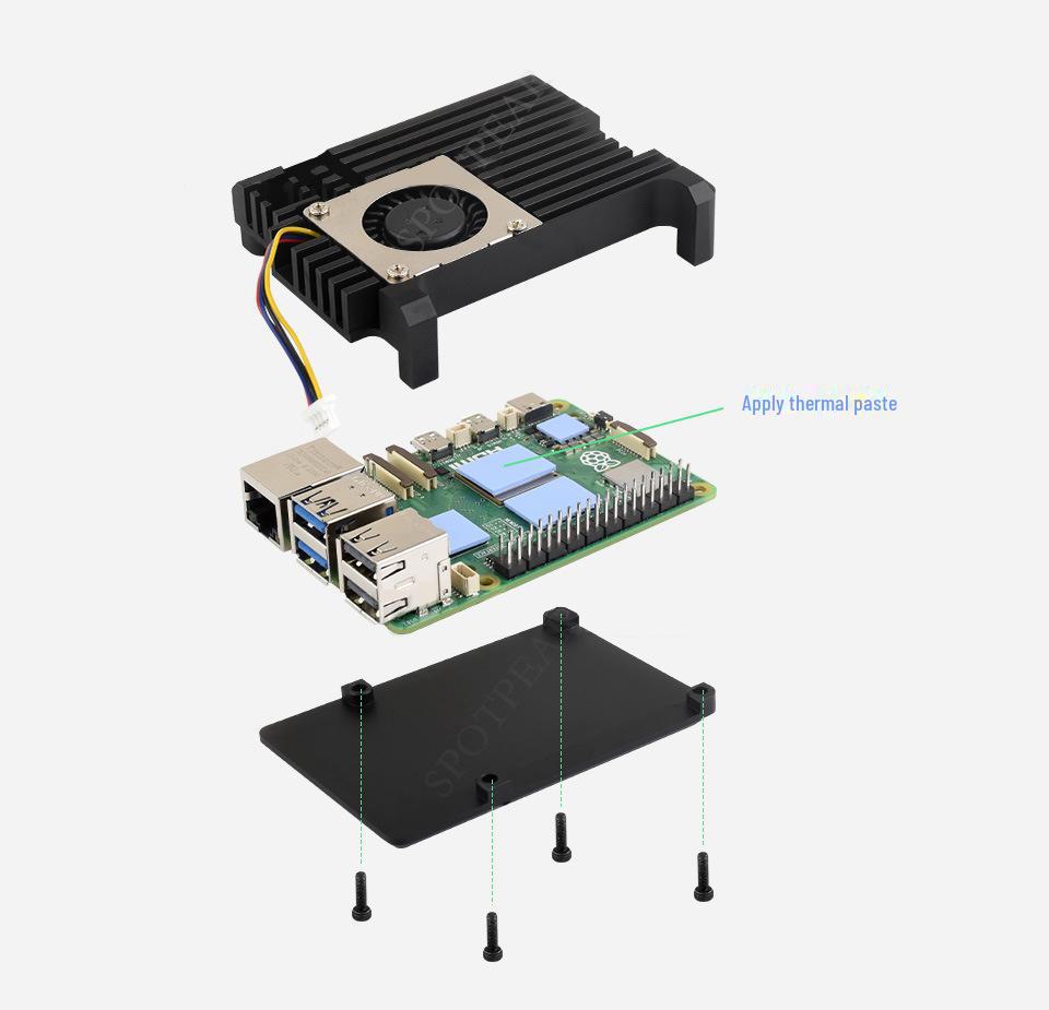 Pouzdro pro Raspberry Pi 5 z hliníkové slitiny pro odvod tepla s radiálním ventilátorem