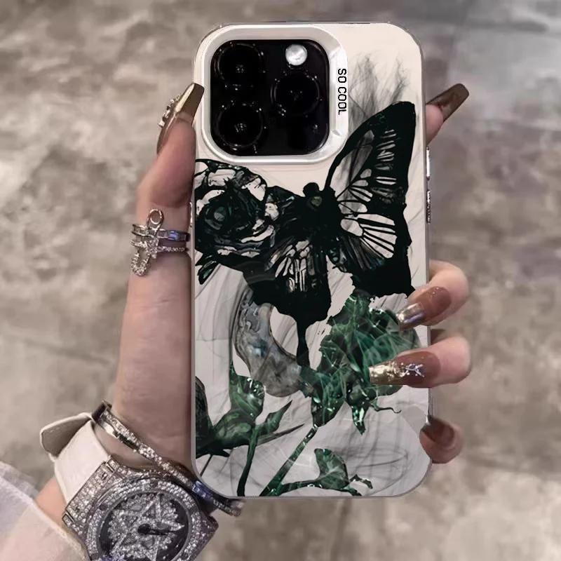 INS Retro Rose Butterfly Phone Case For iPhone 16 15 14 13 12 11 Pro Max XR XS MAX SE 2 3 7 8 PLUS Laser Silver Shockproof Cover