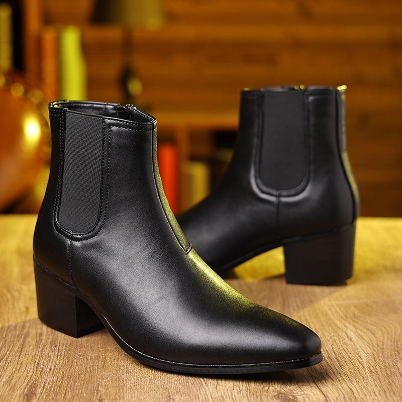 Men's Boots Pointed Toe Chelsea Boots British Style Zipper Ankle Boots Height Increasing Leather Shoes Plus Size High Heel Boot