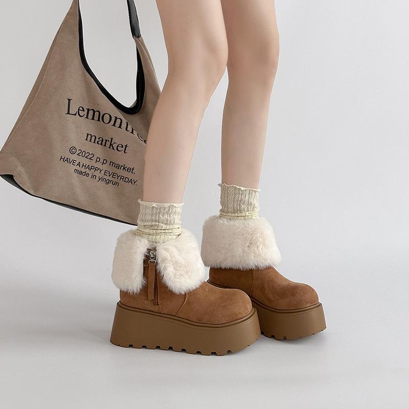 Fashion versatile literary and artistic fan thick-soled heightening snow boots trendy girl 2025 autumn and winter new velvet warm big head cotton shoe