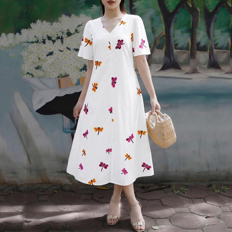 ZANZEA Women Casual V-Neck Loose Summer Short Sleeve Print Dress S белый