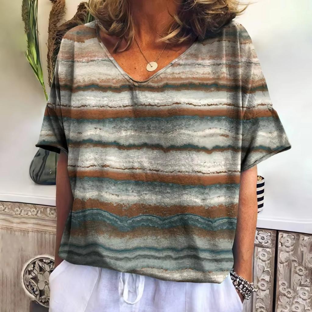 Damen V-Ausschnitt T-Shirt Sommer Casual Mode Kurzarm Neuer Trend Gestreift Harajuku Stil Locker Damenbekleidung