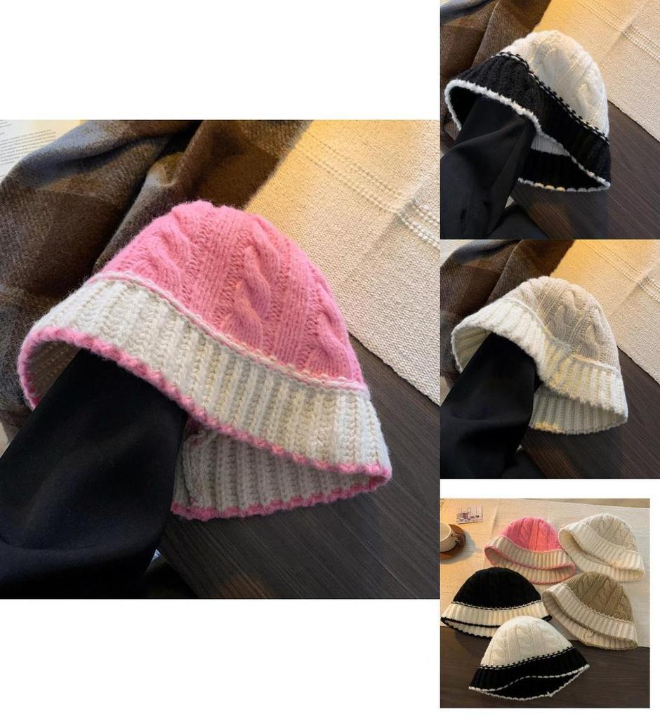 Black Knitted Fisherman Hat Women's Winter Korean Style Fashionable Wide Brim Cap