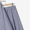 ZANZEA Women Long Sleeve Blouse and Long Skirts Stripe Print Two Piece Suit Sets