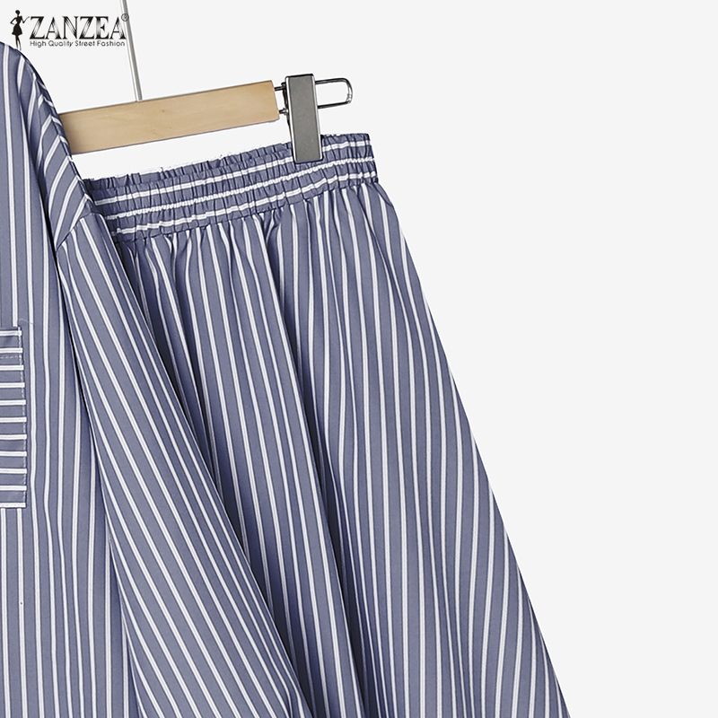 ZANZEA Women Long Sleeve Blouse and Long Skirts Stripe Print Two Piece Suit Sets