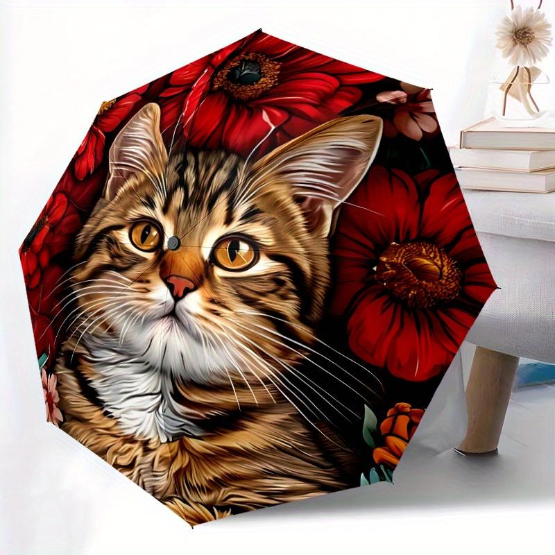 

1pc Cute Cat Floral Print Automatic Open/Close Folding Umbrella - Compact Portable Travel Umbrella with 8-Rib Durable Frame, V Iron&8K