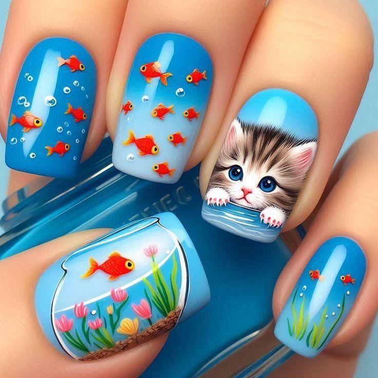 Medium-Length Ocean Style Cute Cat and Goldfish Nail Art Tips