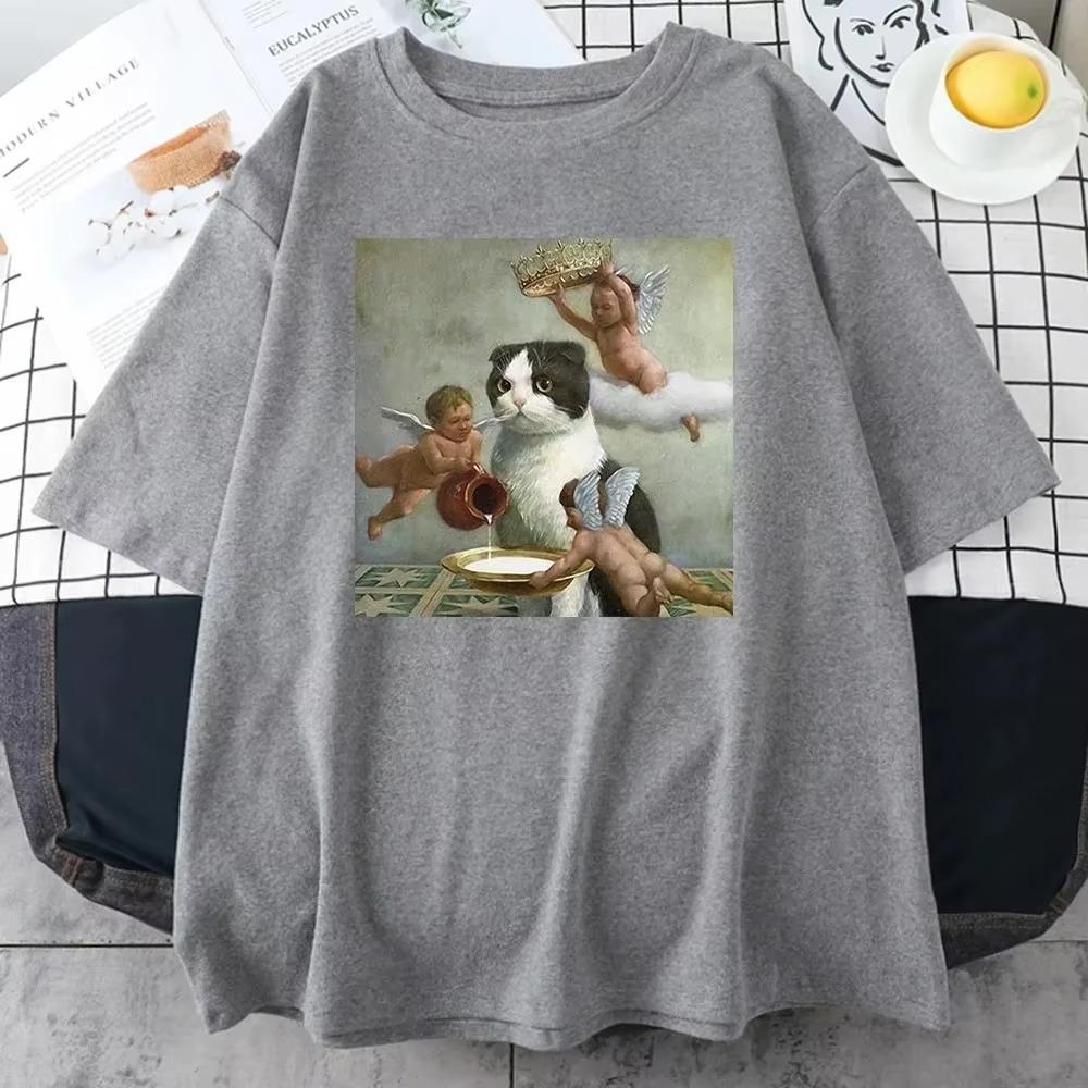 Scottish Fold Angel Crown Print Cotton Men Clothing Personality Casual Crewneck T-Shirts All-math Loose Mans Cotton Short Sleeve