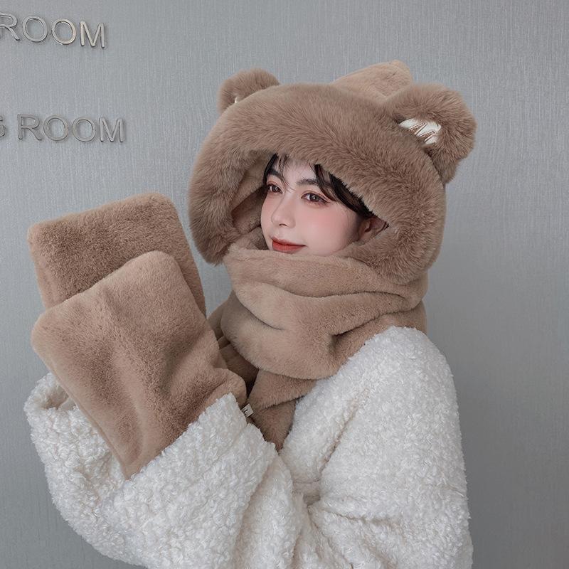 Bear hat, scarf, and gloves, fleece-lined and thickened, three-piece set, women's plush hat, women's winter warm plush hat