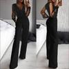 Women's Glitter Sheer Mesh Long Sleeve V Neck High Waist Wide Leg Straight Leg Jumpsuit
