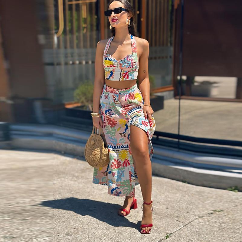 Women Sexy Printed Halter Skirt Suits Summer Sleeveless Backless Crop Top Single Breasted Split Skirts Two Piece Sets