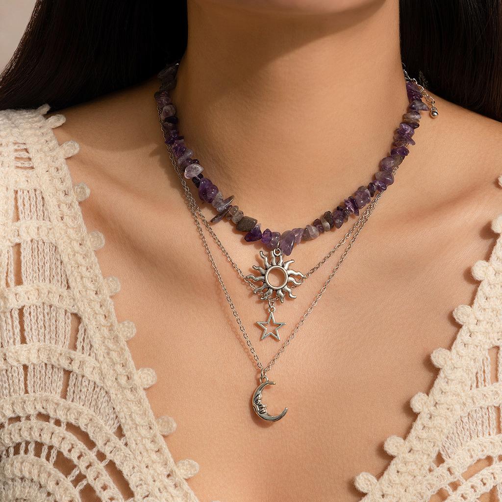 Retro Moon Sun Star Pendant Necklace Women Multilayer Jewelry Accessories