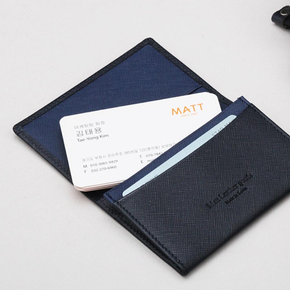 Matt Saffiano Cowhide Combination Slim Business Card Holder Dark Navy + Steel Blue