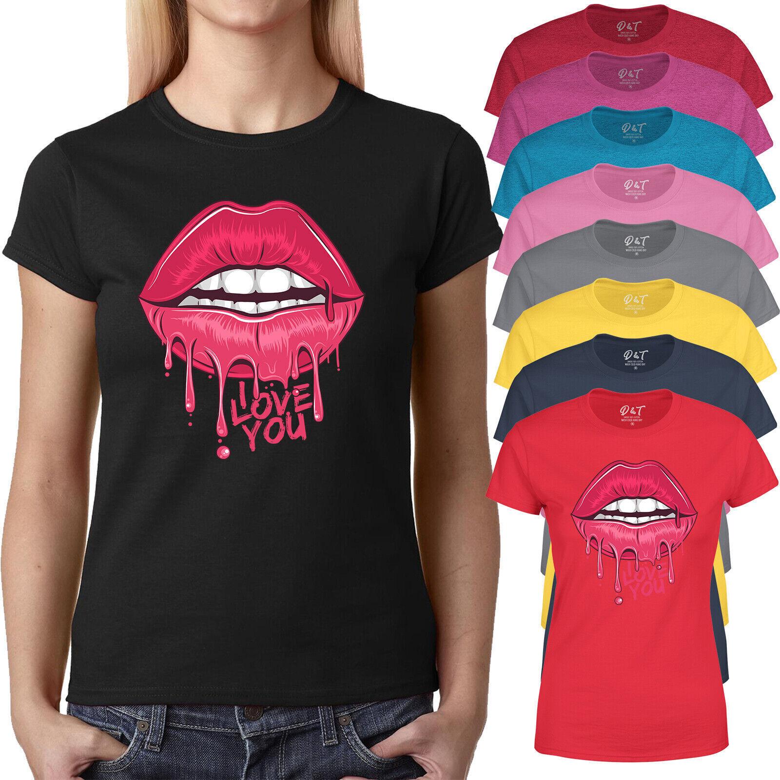 Fashion Women Dripping Pink Lips T-Shirt Mens Womens Tees Top I Love You 90 s 80 s Summer Tee Top 2XL