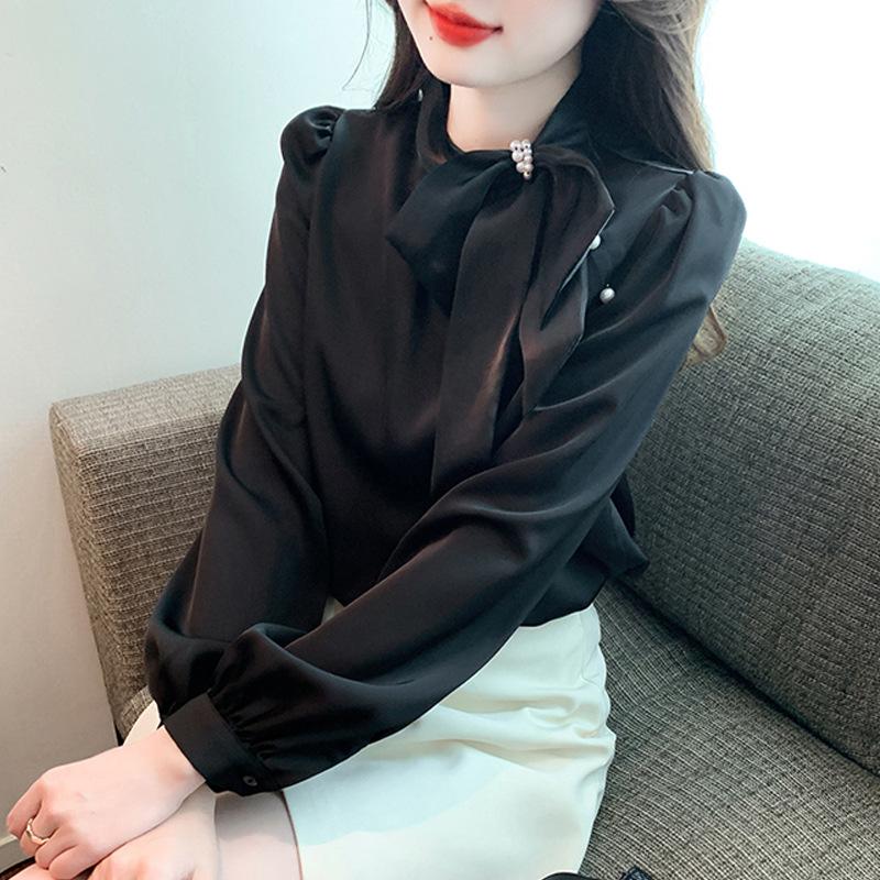 Bow Streamer Sweet Shirt for Women New Autumn and Winter Satin Draped Base Shirt Long Sleeve Slim Top