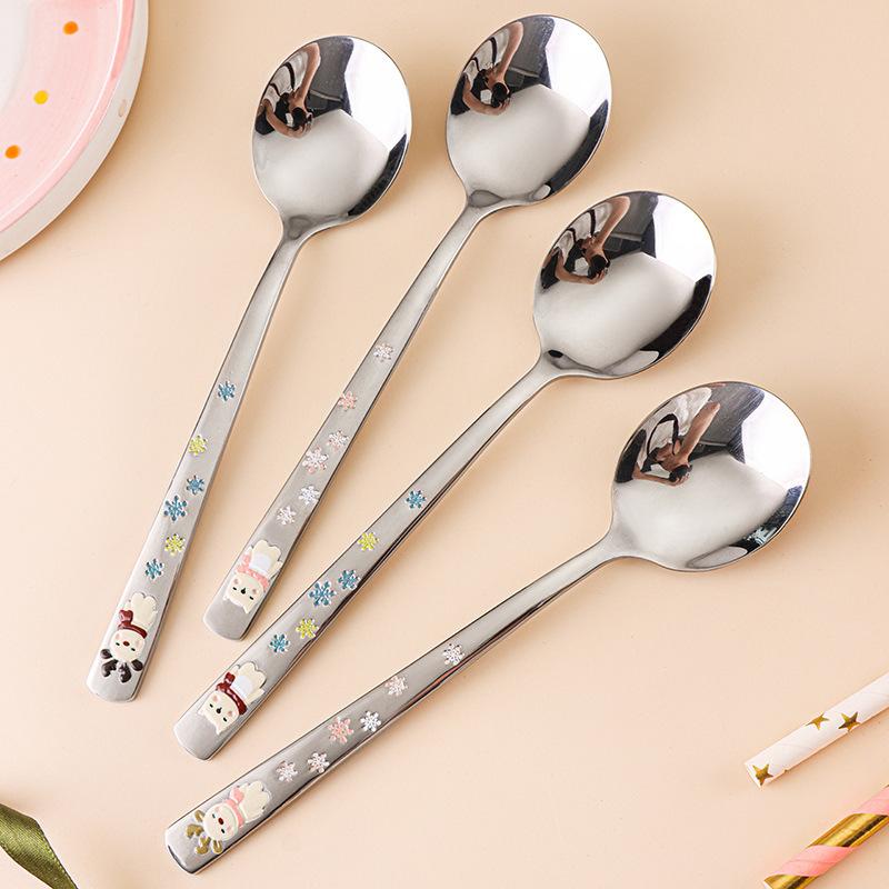 2026 New 304 Stainless Steel Round Spoon Cartoon Embossed Deer Spoon Korean Style Household Long Handle Drinking Spoon yuzi