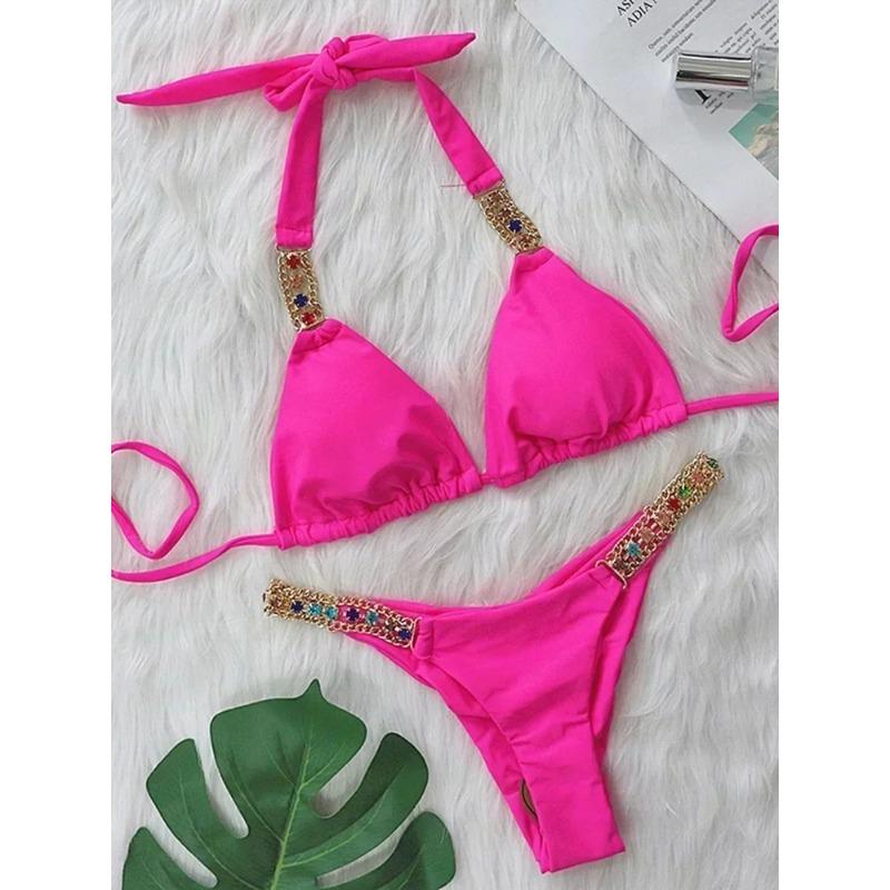 

2025 Блискуче стразове діамантове бікіні Жіночий купальник Жіночий купальний костюм Комплект бікіні з двох частин Халтер Металеві ланцюжки Купальний костюм L