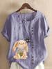 Women's Fashion Rabbit Print Casual Cotton Linen Short Sleeve Round Neck T-shirt Shirt Leisure Loose Summer Blouse Tops