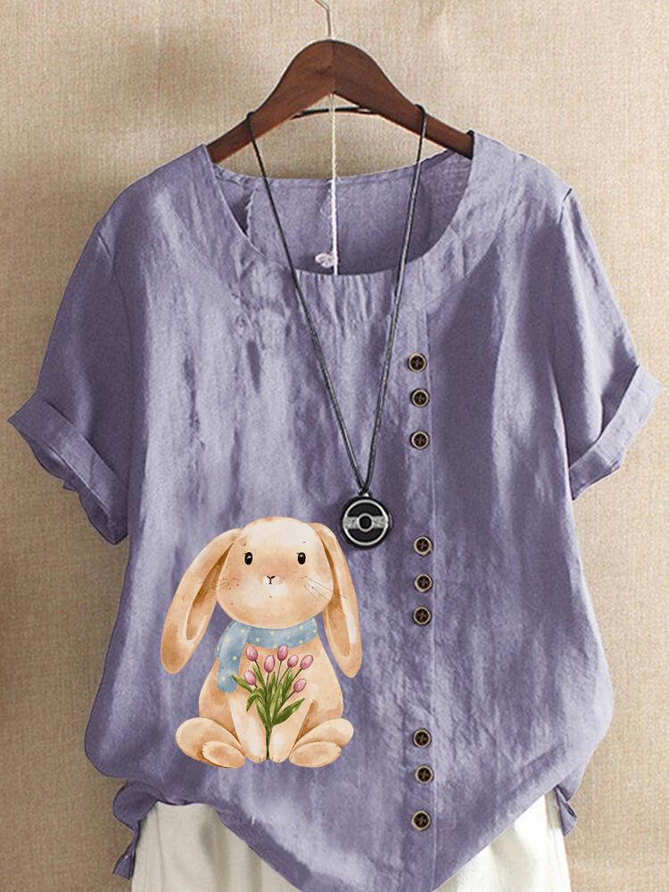 Women's Fashion Rabbit Print Casual Cotton Linen Short Sleeve Round Neck T-shirt Shirt Leisure Loose Summer Blouse Tops