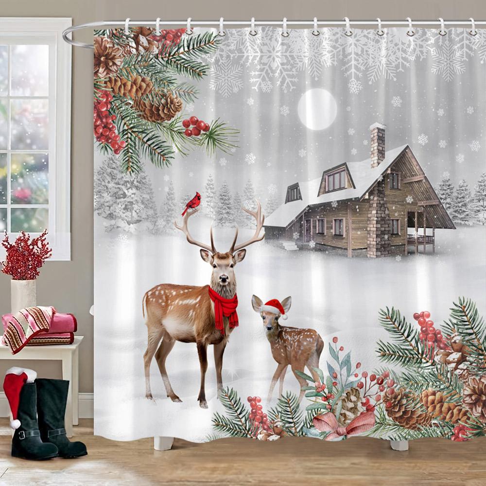 Christmas Snowman Shower Curtain Merry Santa Elf Deer Red Truck Polyester Fabric Printed Bath Curtains Bathroom Decor With Hoo