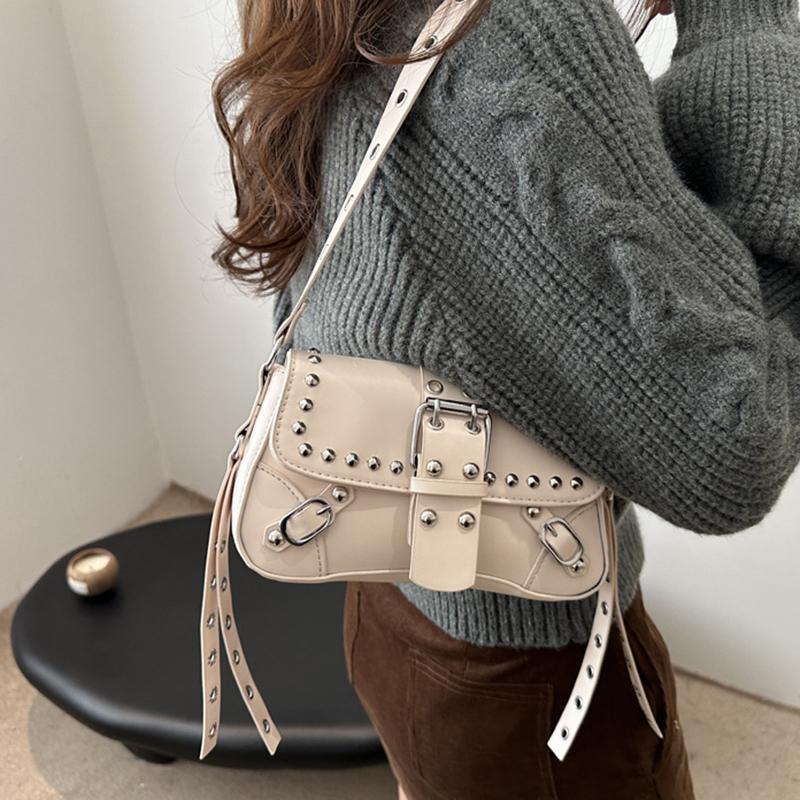 Yogodlns Trendy Motorcycle Punk Style Shoulder Bag for Women Solid Color Fashion Rivet Commuter Small Square Underarm Bag