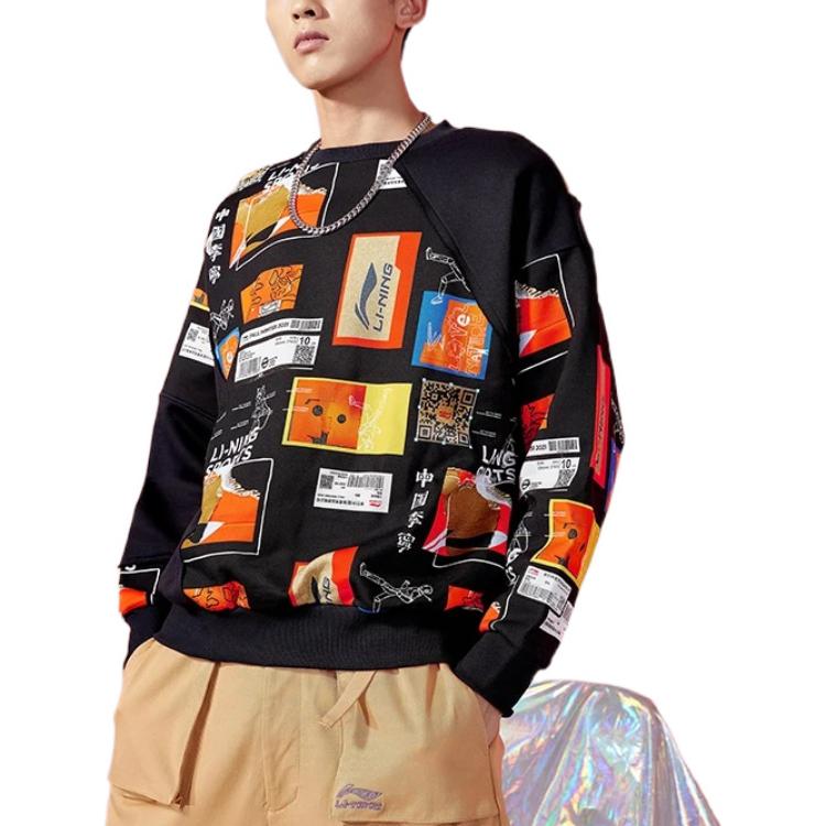 Li Ning Wade Series Musterdruck Gespleißtes Lockeres Rundhals-Sweatshirt Herren Sweatshirt Schwarz AWDRA83-1