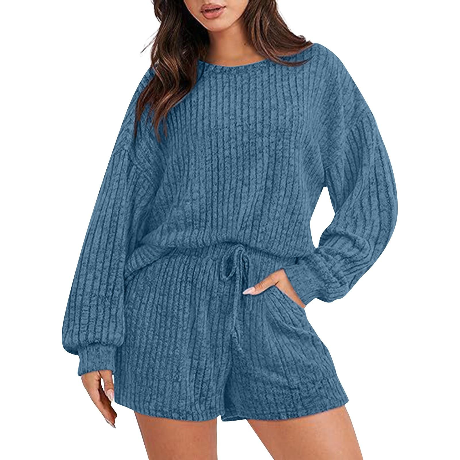 

Женский домашний комплект из топа и шорт с длинными рукавами, комплект из двух предметов, модная повседневная удобная однотонная пижама с карманами L