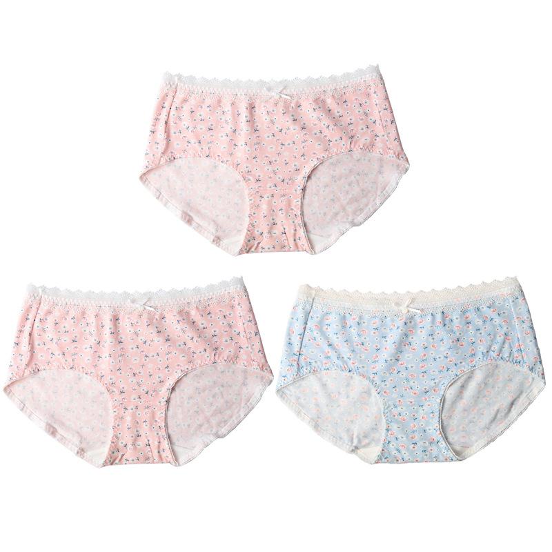 Spodní prádlo třídy A Vysoce elastické antibakteriální kalhotky se středním pasem pro ženy Květinové kalhotky s krajkovým potiskem Pohodlné prodyšné kalhotky