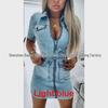 Slim Solid Color Women's Denim Dress with Zipper, Tie Waist - European & American Style