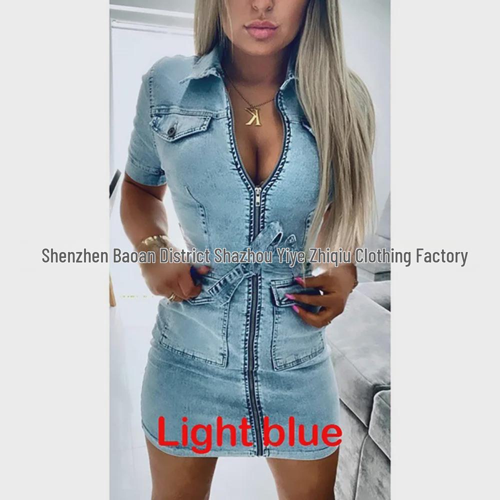 Slim Solid Color Women's Denim Dress with Zipper, Tie Waist - European & American Style