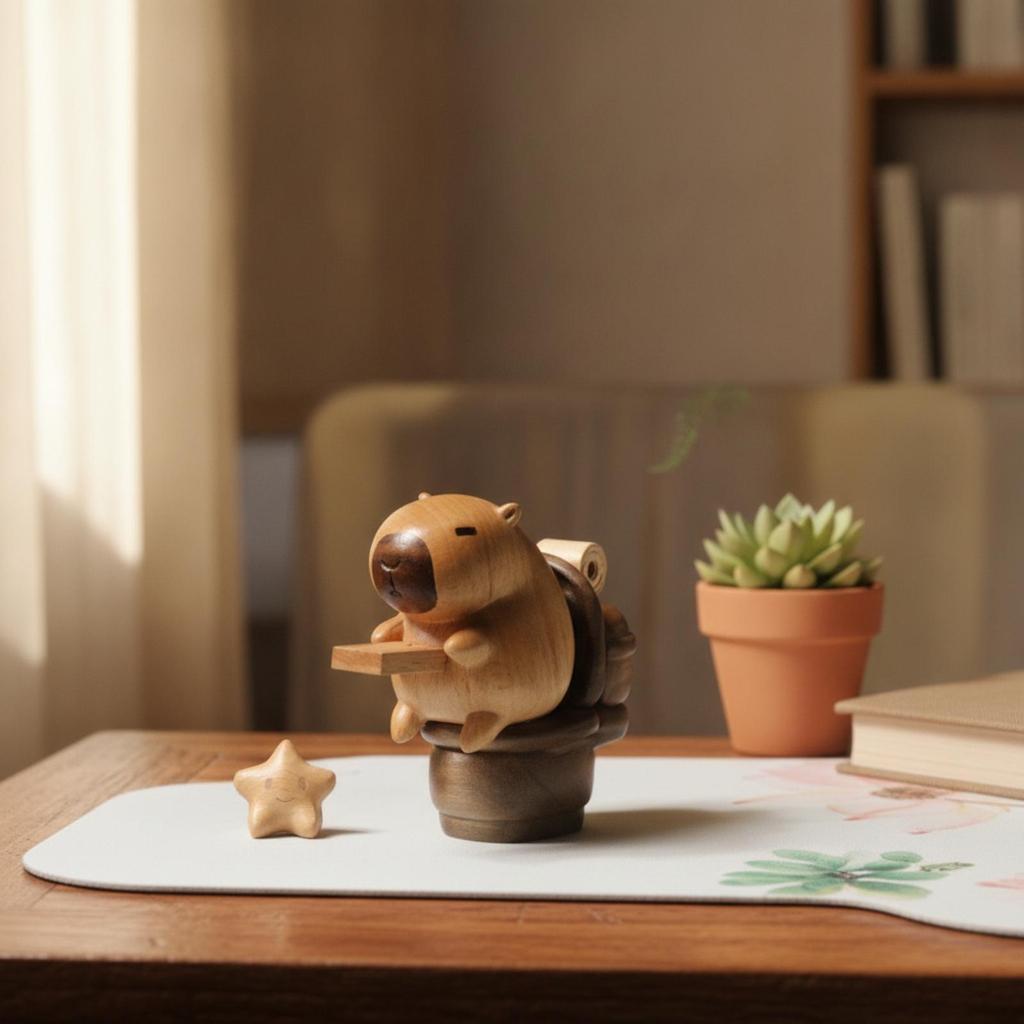 Wooden Capybara Figurine Beech Wood Handcrafted Tabletop Decor