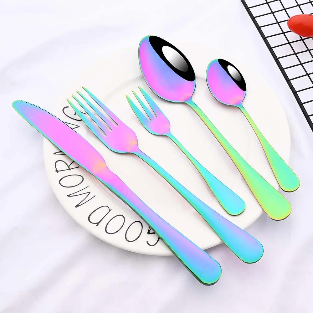 6/30Pcs Rainbow Dinnerware Stainless Steel Cutlery Set Knife Cake Fork Tea Spoon Flatware Set Kitchen Silverware Tableware Set
