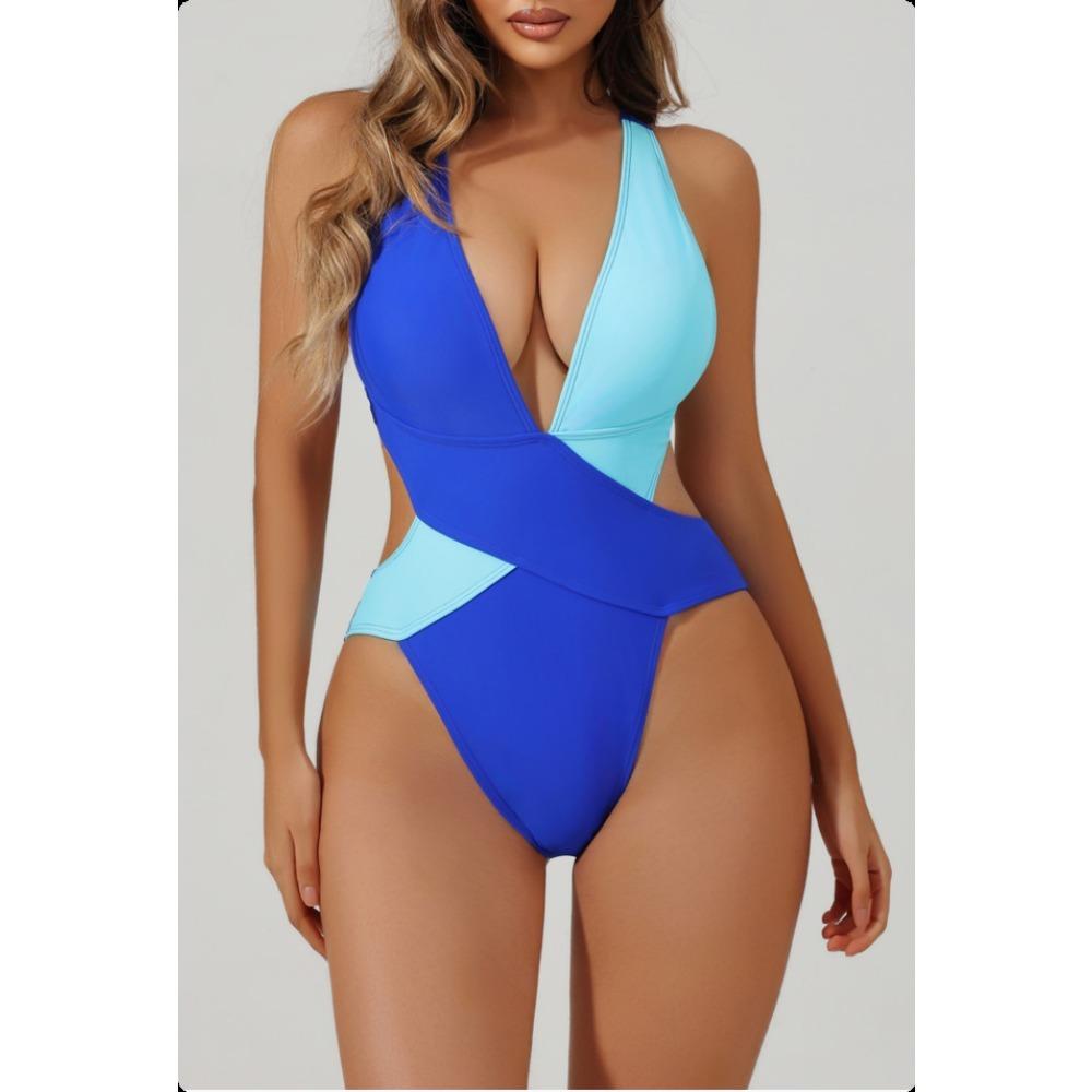 New One-piece Swimsuit Splicing Bikini European and American Swimsuit Women's Cross Swimsuit Color Matching Bikini64