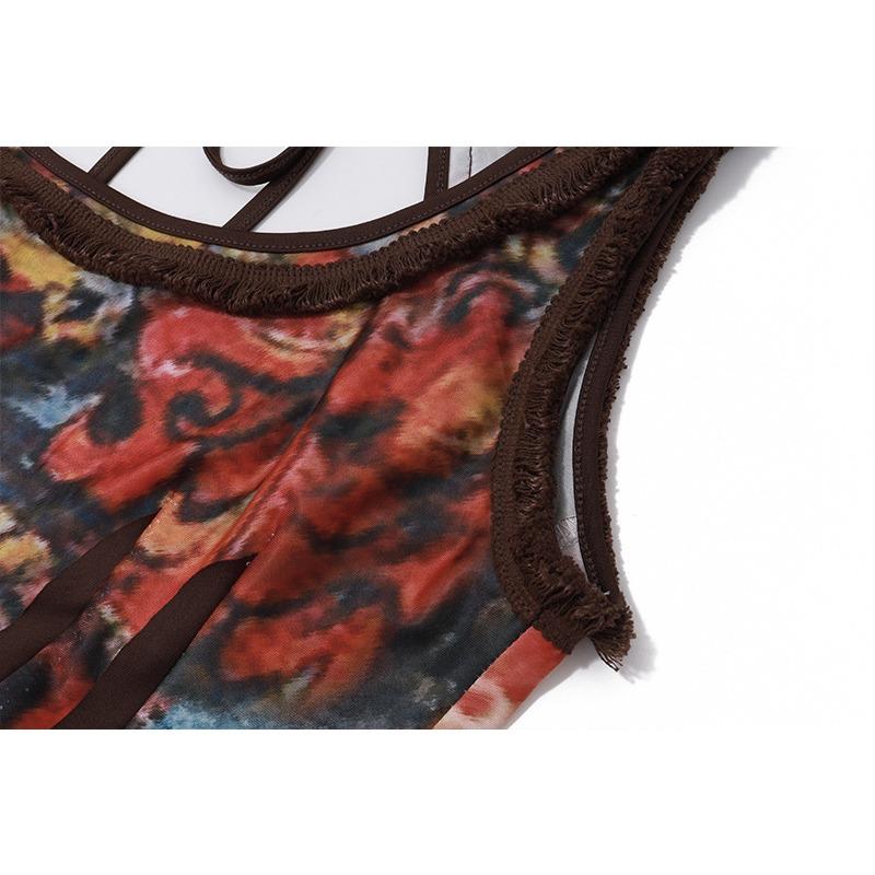 GMXIA Women's Summer Fashion Retro Tie Dye Print Sexy U-neck Slim Dress Long Dress