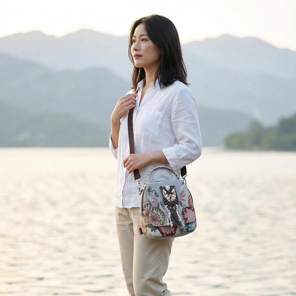 National Style Embroidery Double Shoulder Bag, Women's Small Bag, Hand-held and Cross-body Bag, Retro and Artistic Backpack