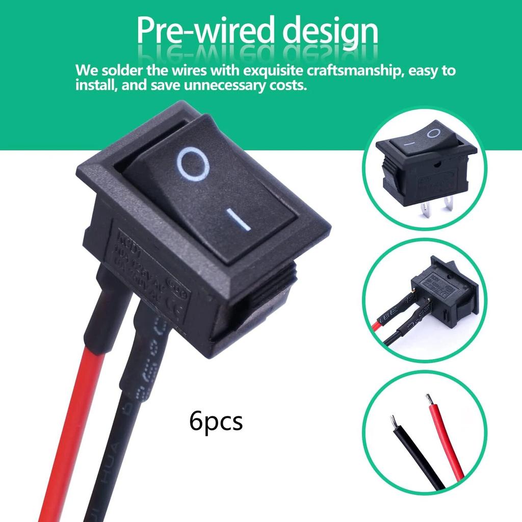 6Pcs Mini Rocker Switch 12 Volt ON Off Toggle Switch with Pre-Wired 6A/250V 10A/125V AC 12V DC Electrical Switches for DIY Apply