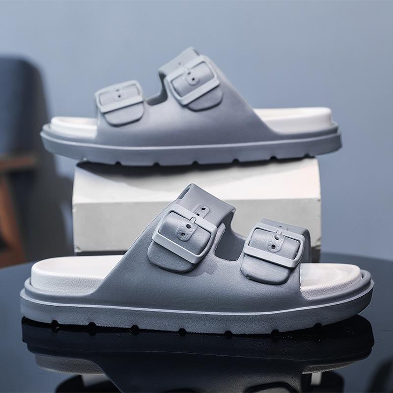 Men's Summer Slippers: Wear-resistant, Double Buckle, Thick Sole, Large Size, Trendy Indoor/Outdoor Footwear.