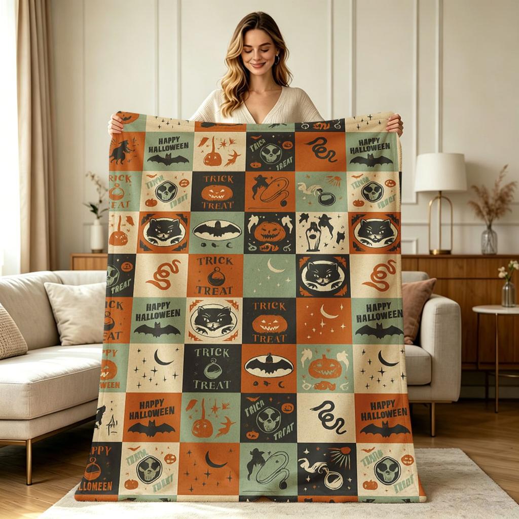 All Season Flannel Blanket with Vintage Halloween Checkered Print for Sofa Couch Bed Office Living Room Warm Cozy Throw Blanket