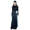 European Autumn Color Block Long Sleeve Pleated Slim Fit Dress with Waist Tie