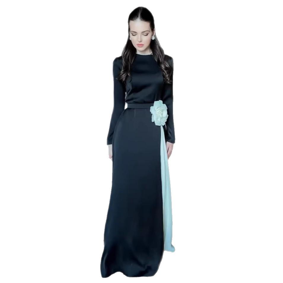 European Autumn Color Block Long Sleeve Pleated Slim Fit Dress with Waist Tie