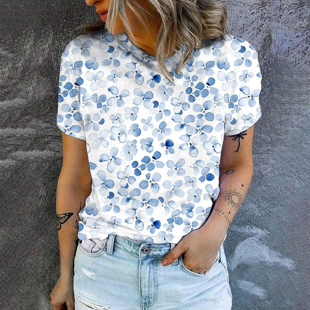 3D printed pattern T-shirt, summer and spring short sleeved round neck casual top, women's clothing