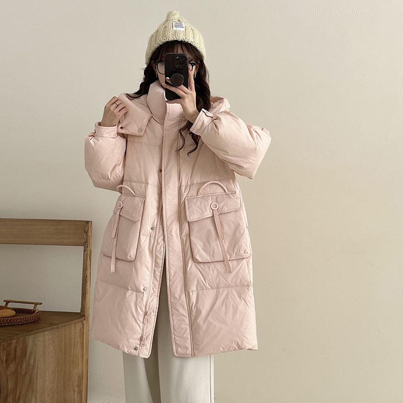 

Женский длинный пуховик с капюшоном 2025 зима новая мода утолщенный теплый выше колена маленькая куртка тренд S розовый